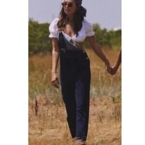 NWT WEWOREWHAT Solid Navy Basic Overall Jumpsuit Bib Straight Leg Denim Sz XS